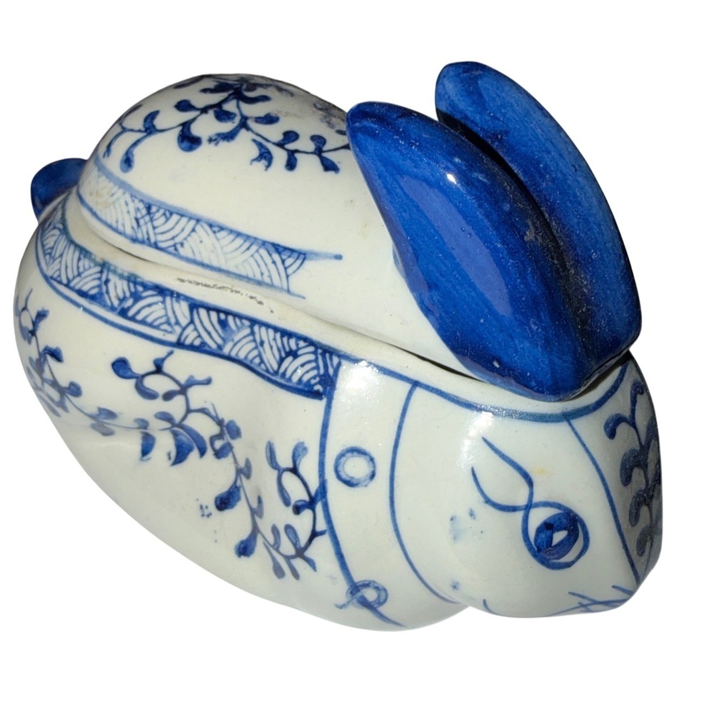 Ceramic Rabbit Trinket Box Home Blue White Good Chinoiserie Bunny‎